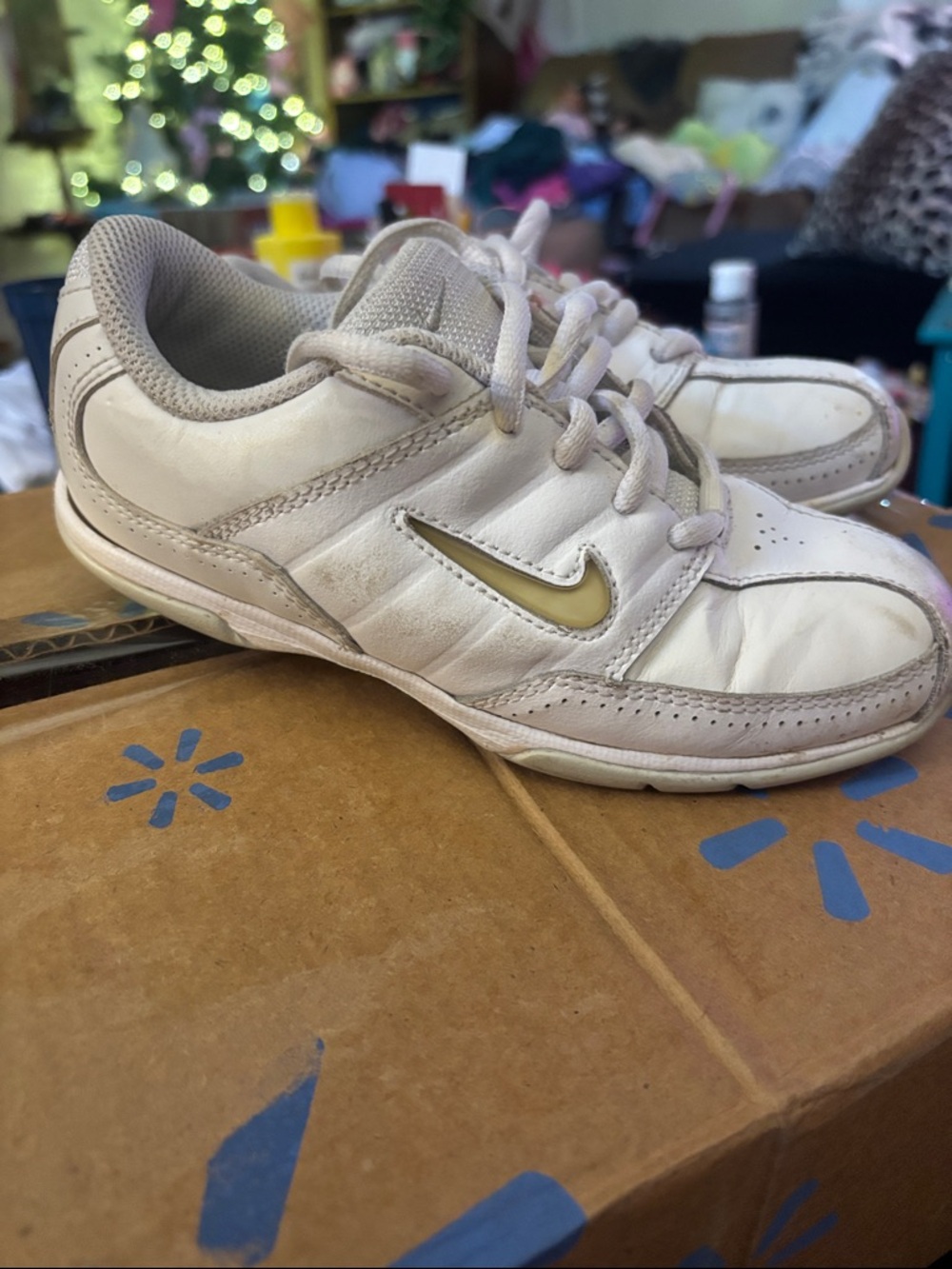 Nike Kids White and Light Tan Low-Top Sneakers with Gold Swoosh